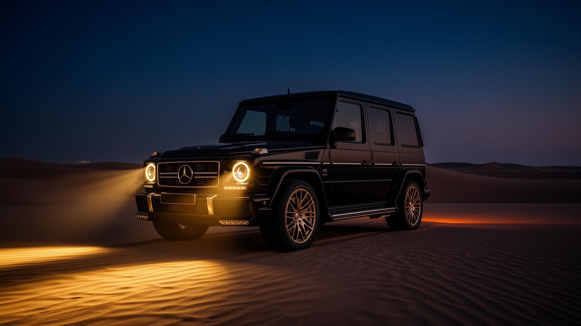 Luxury SUV with custom Desert Eagle headlights in Dubai desert at twilight